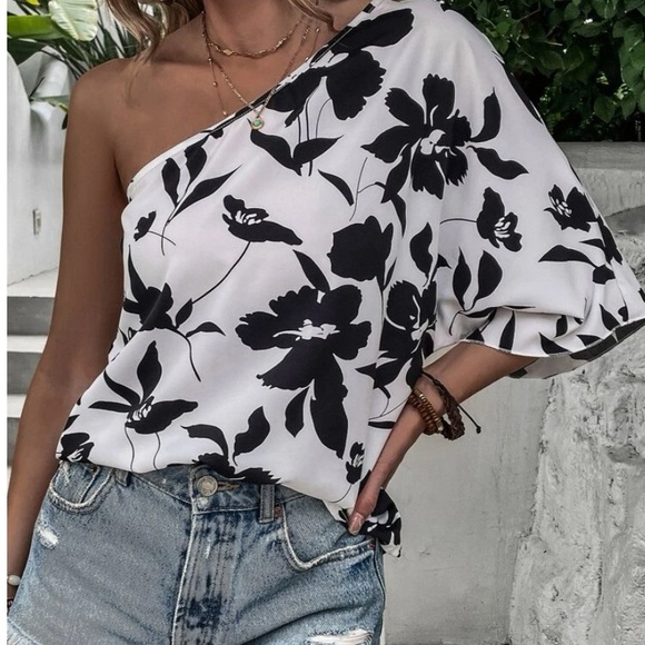 NEW BLACK WHITE FLORAL ONE SHOULDER TOP - Picture 2 of 6